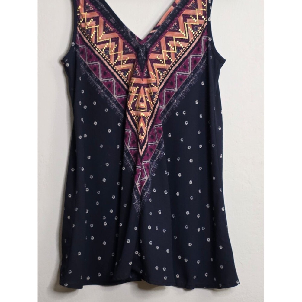 Xhilaration Navy Floral Dot Blouse with Pink Trim